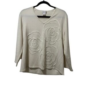 Sue Han Cream Textured Silk Blend V Neck Sweater 3D Rose Embroidery‎ Size L